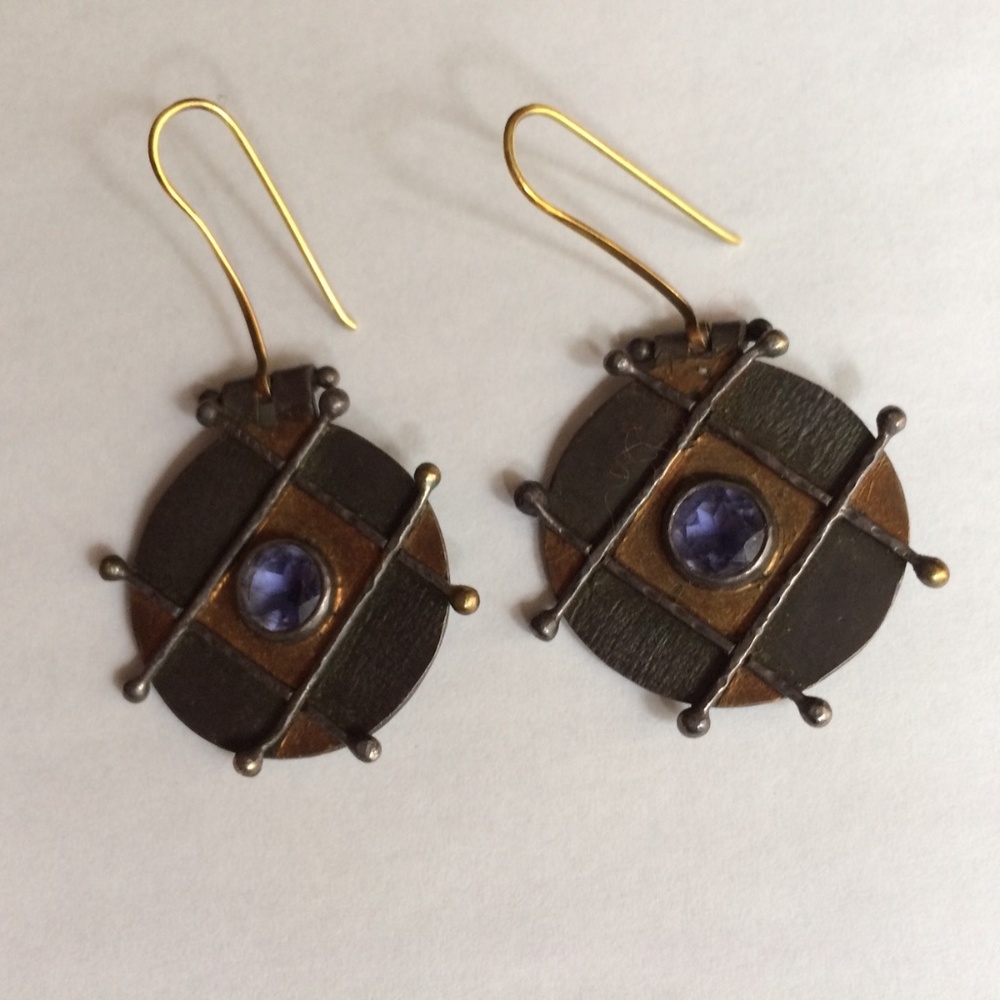Unique Sterling Silver, 18K Gold Earrings with Iolite Gemstone